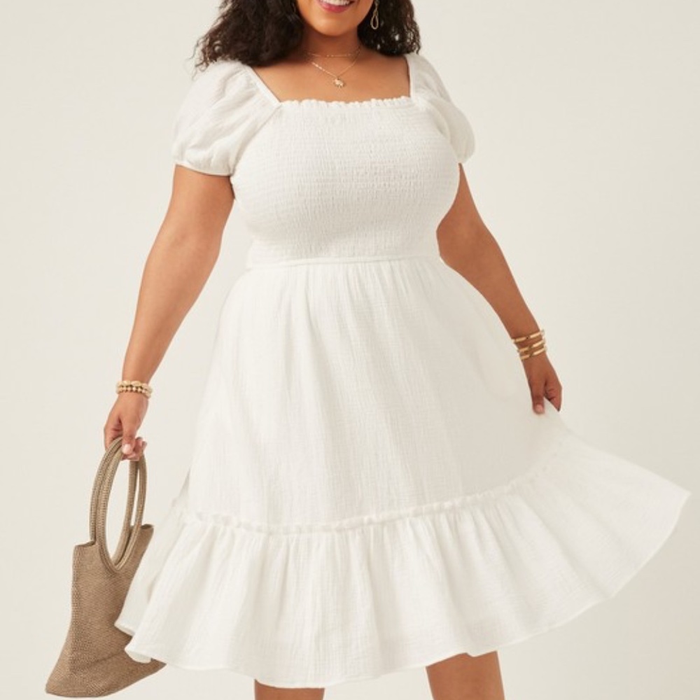 Textured Puff Sleeve Smocked Square Neck Dress